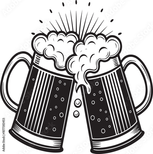 Two beer mugs clinking together with foamy beer