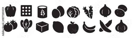 Sixteen Black Silhouette Icons of Fruits Vegetables and Other Food Items grocery