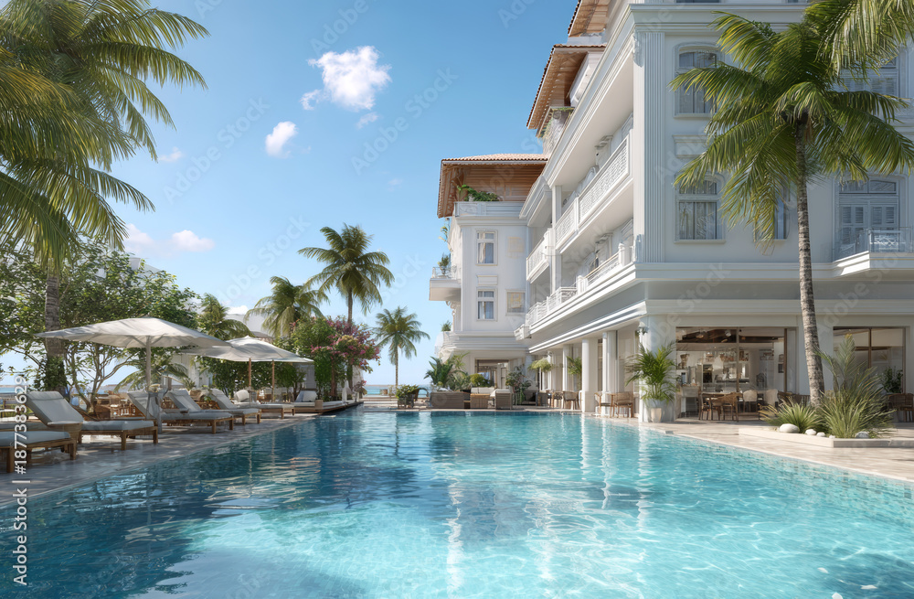 Fototapeta premium Luxurious low-rise white hotel building with tropical palm trees and outdoor swimming pool under a clear blue sky