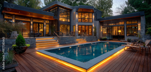 Wallpaper Mural Luxurious modern outdoor wooden deck with led lighting surrounding a rectangular swimming pool at dusk, featuring contemporary architecture and ambient illumination Torontodigital.ca
