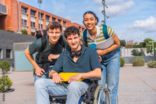 Diverse student group on university campus smiling feeling happy