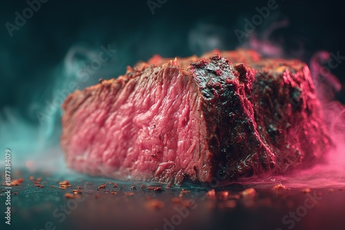 Juicy Pink-Center Seared Steak with Smoky Texture, Dark Background Food Close-Up for Restaurant Menus & Cooking Content
