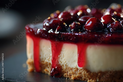 Layered Blueberry Cheesecake with Drizzling Sauce Close-Up for Dessert Display & Food Blog Pastry Menu Material
