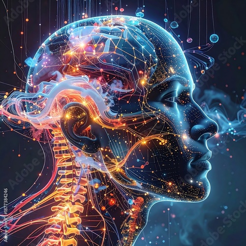 A digital illustration of a human head and neck with visible spine and brain, depicted in glowing neon colors against a dark background