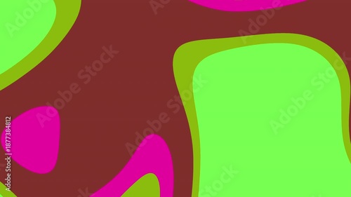 Vibrant abstract shapes in green and pink on a red background.