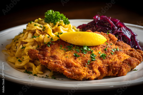 Wallpaper Mural Gourmet Pork Schnitzel Served with Egg Noodles and Red Cabbage in Studio Shot Torontodigital.ca