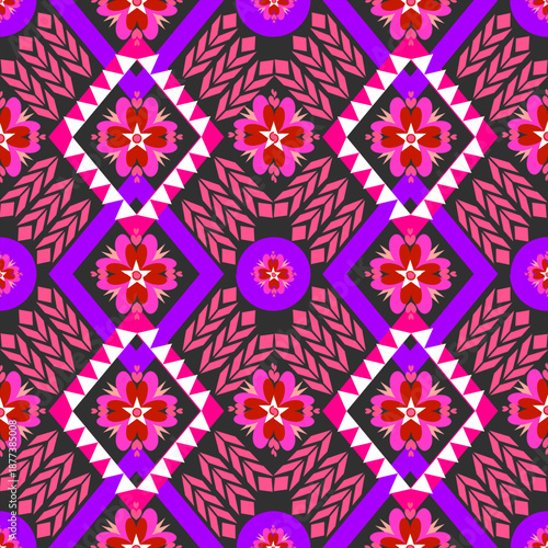 A vibrant seamless geometric pattern featuring ethnic tribal motifs and floral ornaments. The design showcases a modern bohemian style with symmetrical diamond shapes and zigzag lines in turquoise, br