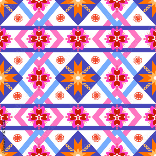 A vibrant seamless geometric pattern featuring ethnic tribal motifs and floral ornaments. The design showcases a modern bohemian style with symmetrical diamond shapes and zigzag lines in turquoise, br