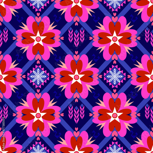 A vibrant seamless geometric pattern featuring ethnic tribal motifs and floral ornaments. The design showcases a modern bohemian style with symmetrical diamond shapes and zigzag lines in turquoise, br