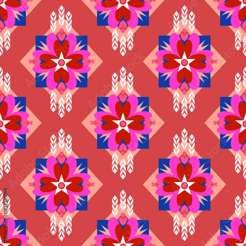A vibrant seamless geometric pattern featuring ethnic tribal motifs and floral ornaments. The design showcases a modern bohemian style with symmetrical diamond shapes and zigzag lines in turquoise, br