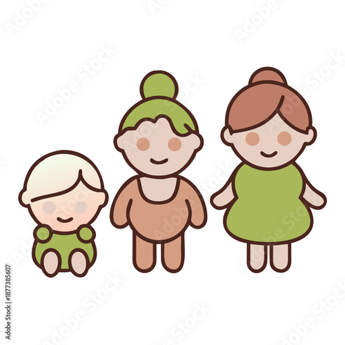 Human life stages from baby to elderly woman illustrated in cute cartoon style, representing growth, aging, family, childhood, adulthood, and old age development
