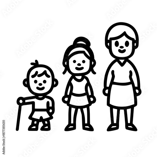 Human life stages from baby to elderly woman illustrated in cute cartoon style, representing growth, aging, family, childhood, adulthood, and old age development
