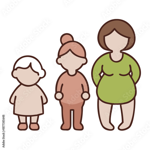 Human life stages from baby to elderly woman illustrated in cute cartoon style, representing growth, aging, family, childhood, adulthood, and old age development
