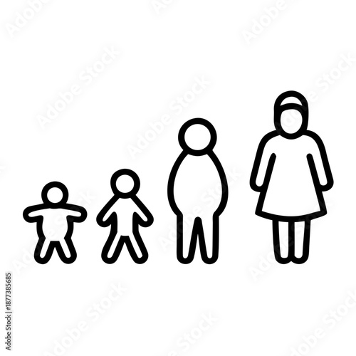Human life stages from baby to elderly woman illustrated in cute cartoon style, representing growth, aging, family, childhood, adulthood, and old age development
