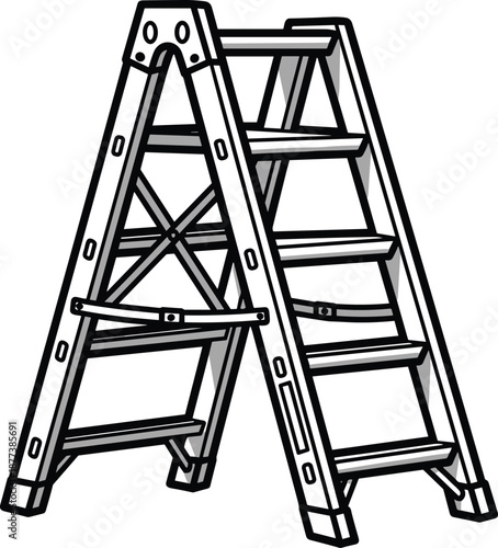 Foldable step ladder illustration with A-frame structure and support braces for construction, maintenance, and household visuals