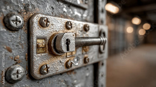 Detention door locking pin captured in detail, mechanical restraint element, secure confinement concept, and enforcement infrastructure within correctional systems