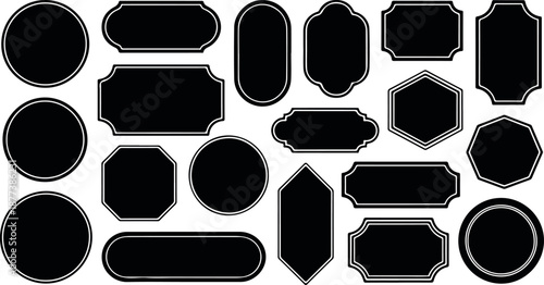 Black Vintage Label Frames and Badges Collection. Classic Retro Label Shapes Set in Black. Editable Black Label and Emblem Shapes Collection. Editable Black Label and Emblem Shapes Collection. 