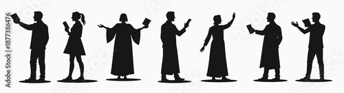 silhouettes of diverse individuals holding books engaging