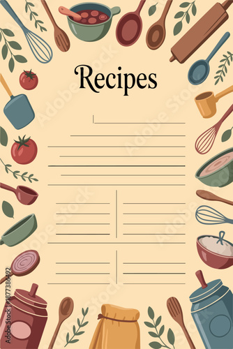 Vintage Recipe Card Template with Kitchen Utensils Illustration. Hand Drawn Recipe Page Design with Cooking Tools Border. Printable Recipe Card Layout with Kitchen Elements. Recipe Book Page Template 