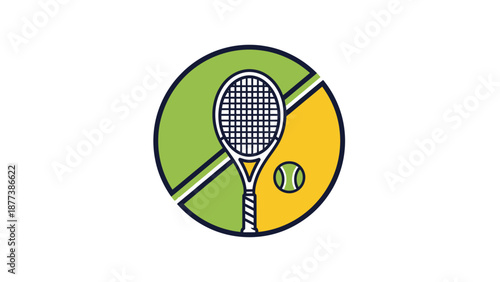 Vibrant circular tennis icon illustrating a green racket and yellow ball, perfect for sports club branding, athletic events, and active lifestyle promotions