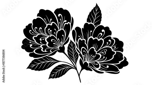 Elegant Black and White Floral Illustration Featuring Two Blooming Flowers with Detailed Petals and Leaves