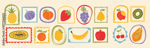 summer fruit set hand drawn berry and fruit retro look