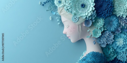 A paper-cut style illustration of a face surrounded by flowers, leaving space for International Women's Day text