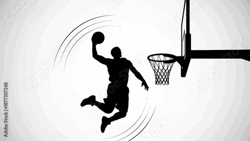 Dynamic silhouette illustration of a basketball player in mid-air, powerfully performing an athletic slam dunk into the hoop, symbolizing sports energy and achievement