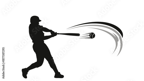 Dynamic silhouette of a baseball player striking the ball with powerful swing, showcasing speed and athletic motion in a monochromatic graphic design