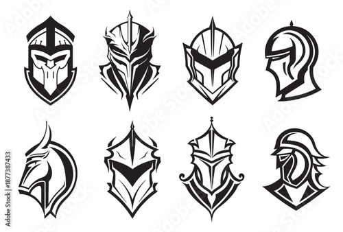 warrior helmets black icons or logos set knight armor vector 