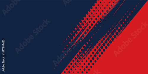 A dynamic abstract background features a bold contrast of red and navy blue separated by angled brush strokes, creating a visually striking and textured composition