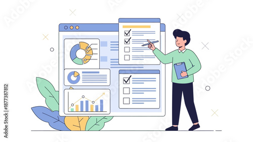 Business analytics illustration with a man checking tasks on a dashboard and charts displaying financial data