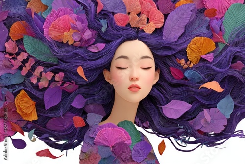 Beautiful young woman depicted in a portrait, her hair fashioned from flowers and leaves, symbolizing International Women’s Day on March 8 and female beauty