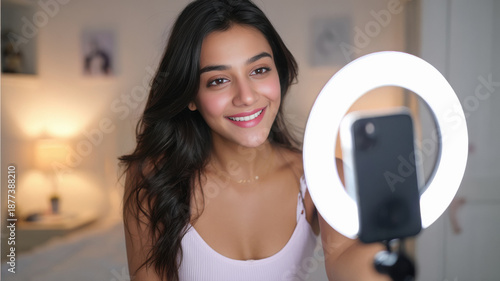 young indian female content creator is filming a video
