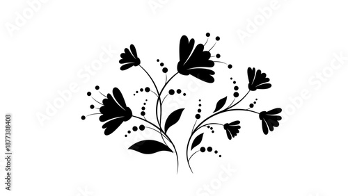 Elegant black silhouette illustration featuring a delicate cluster of stylized flowers and leaves on winding stems, perfect for decorative graphic design elements and sophisticated artistic projects