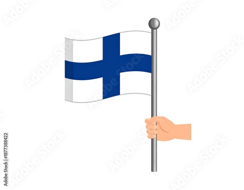 A hand holds a flagpole with a waving Finnish flag