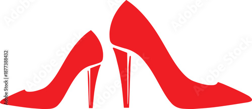 Minimalist vector illustration of two vibrant red high-heeled pumps symbolizing luxurious feminine fashion, elegance, confidence, and glamorous style isolated on white.