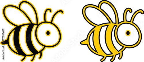 Two adorable cartoon bumblebee vector icons flying happily with simple outlines, isolated on a bright white background, illustrating nature, pollination, and spring concepts.