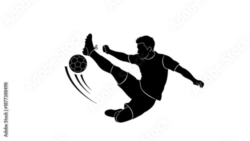 Dynamic silhouette illustration of a soccer player in mid-air performing an overhead kick, capturing the essence of athletic action and passion for the sport on the field