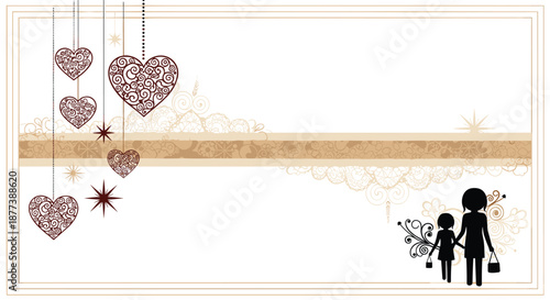 Silhouette of a woman and a young girl walking together on a decorative background featuring ornate hanging hearts and scrollwork illustrations.