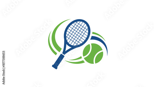Modern tennis emblem showcasing a stylized racket and ball with flowing green abstract lines, perfect for sports clubs, academies, or athletic event branding