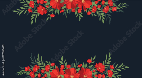 Ornate red floral arrangements forming top and bottom borders on a dark navy blue background for a sophisticated and elegant invitation design.
