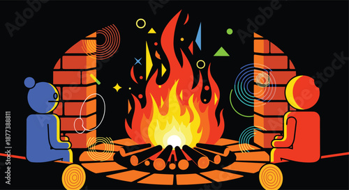 Stylized illustration of people sitting around a bright campfire surrounded by floating abstract geometric shapes and colorful glowing lines.