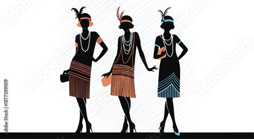 Three silhouettes of women dressed in elegant 1920s flapper style outfits with feathered headbands and pearl necklaces for retro designs.