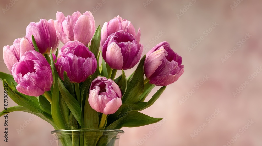 Obraz premium A pink-background banner with tulips celebrating Happy Women's Day on March