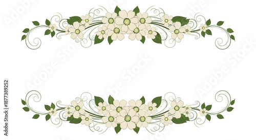 Elegant floral frame featuring delicate white blossoms and lush green foliage on a clean white background for greeting card designs.