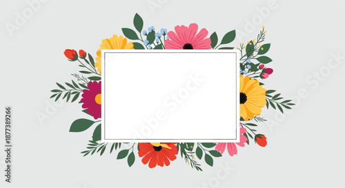 Colorful floral frame with vibrant blossoms and green leaves surrounding a white rectangular space for custom text or photos.