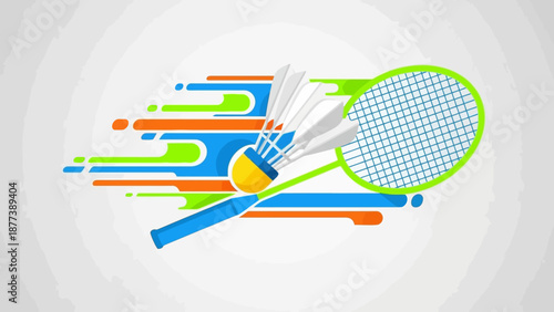 Dynamic badminton sports concept with shuttlecock and racket on abstract colorful speed lines background