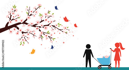 Romantic silhouette of a man and a woman pushing a baby stroller under a beautiful blooming cherry blossom tree.