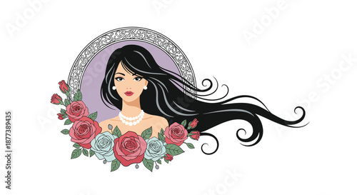 Beautiful portrait of a woman with long flowing black hair and pearls surrounded by vibrant pink and blue roses.